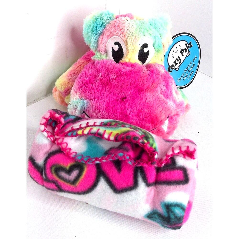 Cozy Palz Rainbow Hippo Plush Toy and Love Fleece Throw Blanket Set NWT